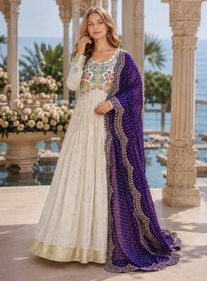 White & violet silk anarkali readymade suit with embroidery & beads work 1
