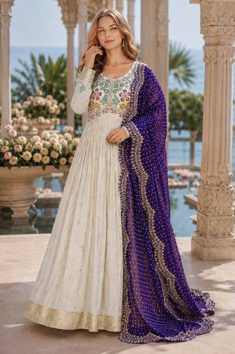 White & violet silk anarkali readymade suit with embroidery & beads work