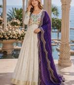 White & violet silk anarkali readymade suit with embroidery & beads work