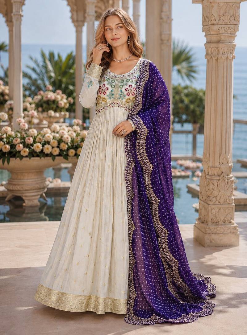 White & violet silk anarkali readymade suit with embroidery & beads work