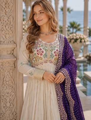 White & violet silk anarkali readymade suit with embroidery & beads work 2
