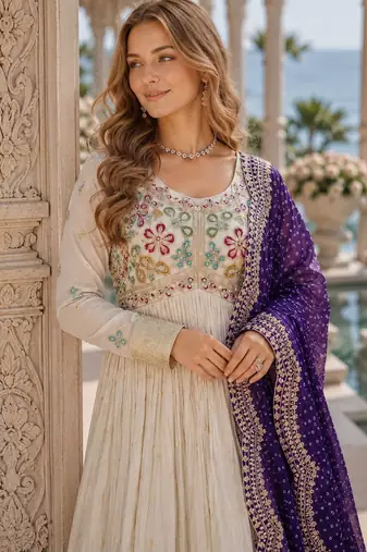 White & violet silk anarkali readymade suit with embroidery & beads work