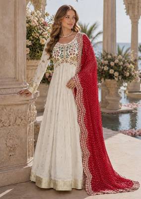 White & red silk anarkali readymade suit with embroidery & beads work 1