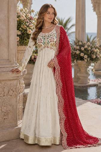 White & red silk anarkali readymade suit with embroidery & beads work