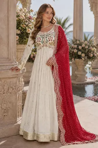 White & red silk anarkali readymade suit with embroidery & beads work