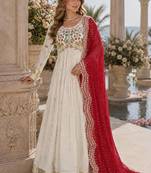 White & red silk anarkali readymade suit with embroidery & beads work