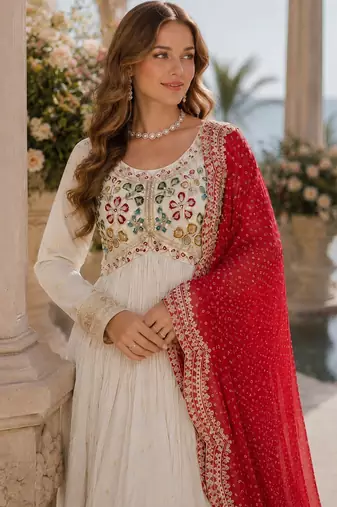 White & red silk anarkali readymade suit with embroidery & beads work
