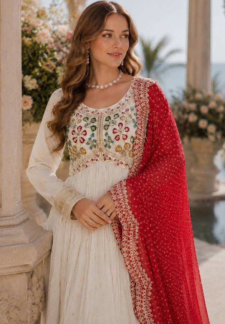 White & red silk anarkali readymade suit with embroidery & beads work