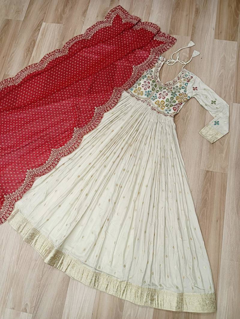 White & red silk anarkali readymade suit with embroidery & beads work