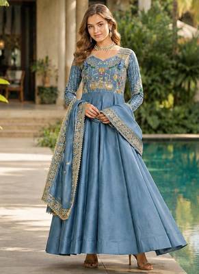 Blue vichitra silk anarkali suit with embroidery & zari work 1