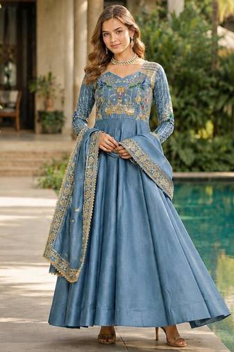 Blue vichitra silk anarkali suit with embroidery & zari work