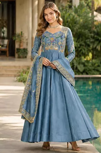 Blue vichitra silk anarkali readymade suit with embroidery & zari work