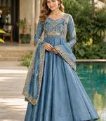 Blue vichitra silk anarkali readymade suit with embroidery & zari work