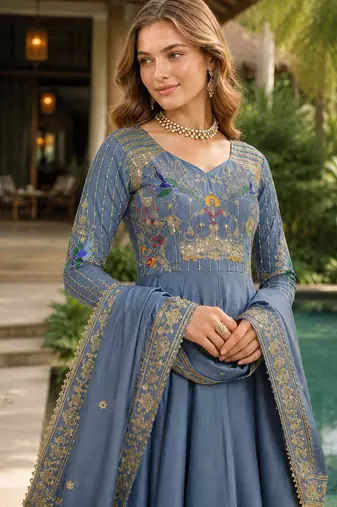 Blue vichitra silk anarkali readymade suit with embroidery & zari work