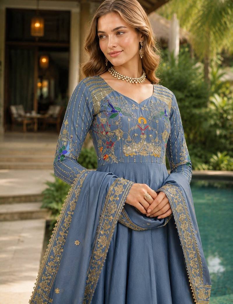 Blue vichitra silk anarkali readymade suit with embroidery & zari work