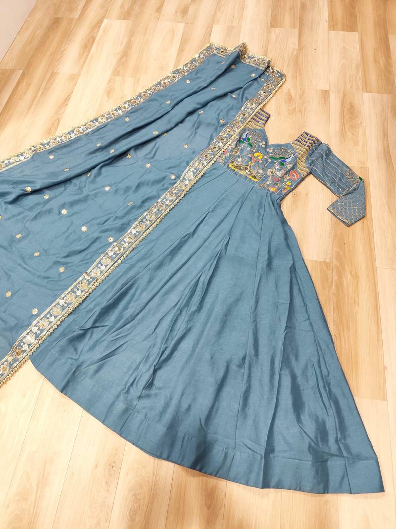 Blue vichitra silk anarkali readymade suit with embroidery & zari work