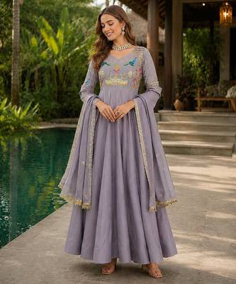 Lavender vichitra silk anarkali readymade suit with embroidery & zari work 1