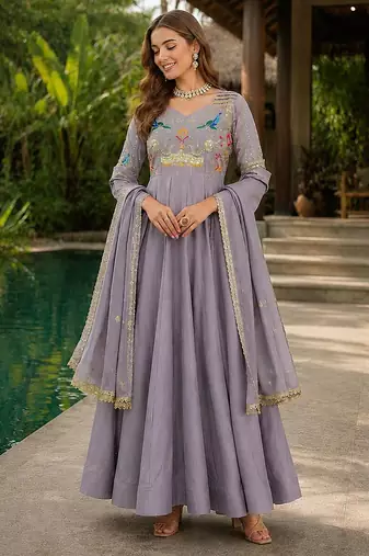 Lavender vichitra silk anarkali readymade suit with embroidery & zari work