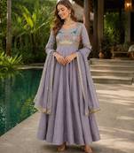 Lavender vichitra silk anarkali readymade suit with embroidery & zari work