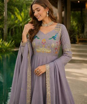 Lavender vichitra silk anarkali readymade suit with embroidery & zari work 2