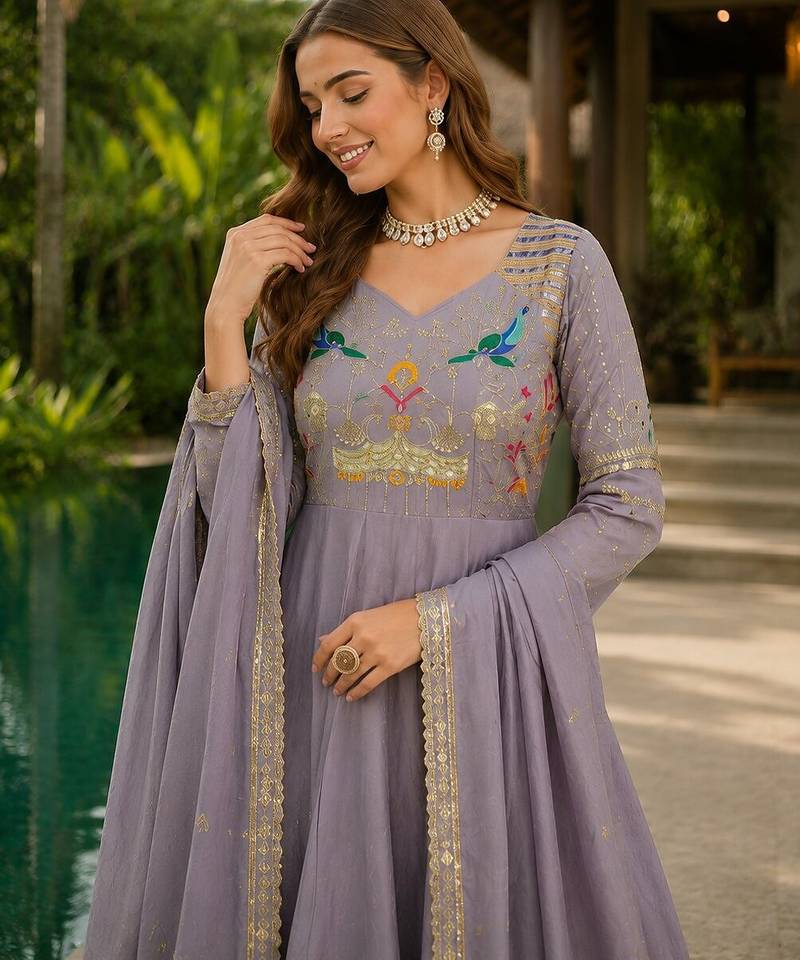 Lavender vichitra silk anarkali readymade suit with embroidery & zari work