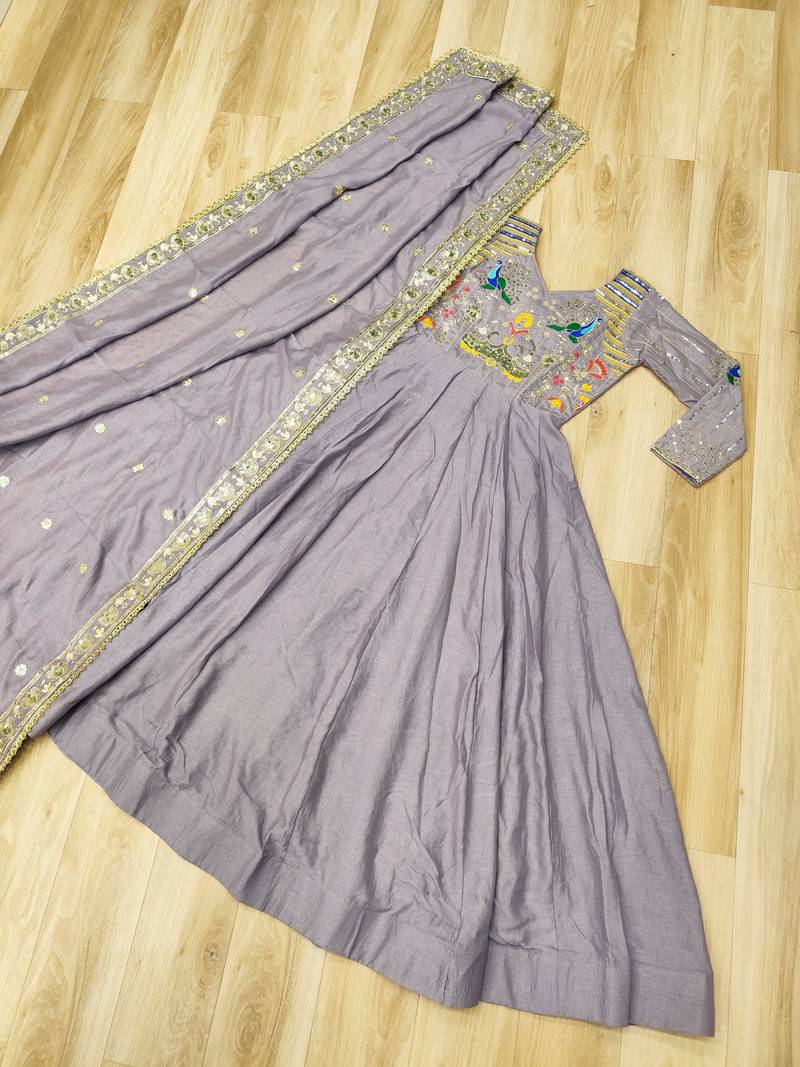 Lavender vichitra silk anarkali readymade suit with embroidery & zari work