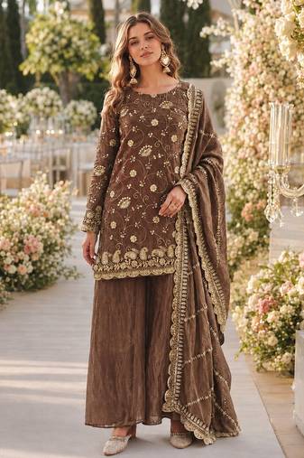 Brown silk readymade suit with embroidery & sequince work