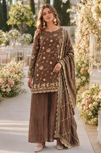 Brown silk readymade suit with embroidery & sequince work