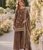 Brown silk readymade suit with embroidery & sequince work