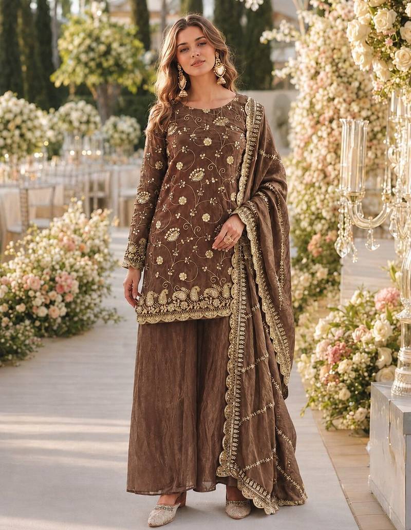 Brown silk readymade suit with embroidery & sequince work