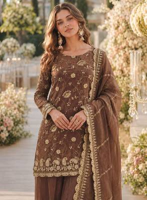 Brown silk readymade suit with embroidery & sequince work 2