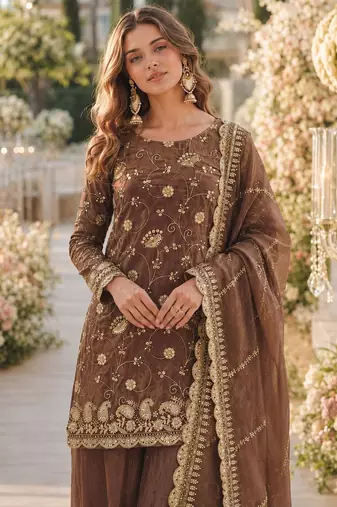 Brown silk readymade suit with embroidery & sequince work