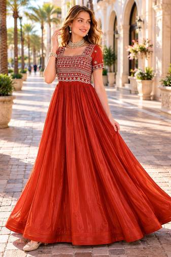 Red silk gown with embroidery & beads work