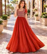Red silk readymade gown with embroidery & beads work