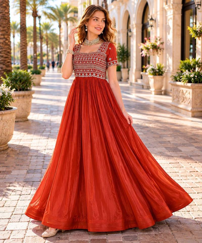 Red silk readymade gown with embroidery & beads work