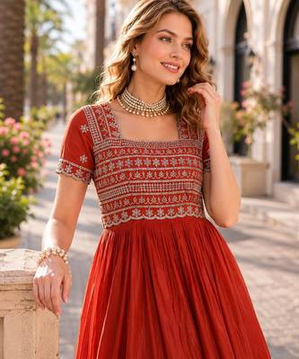 Red silk gown with embroidery & beads work 2
