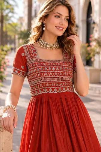 Red silk gown with embroidery & beads work