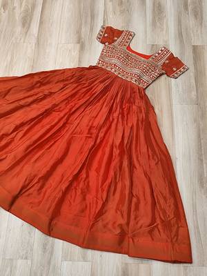 Red silk gown with embroidery & beads work 3