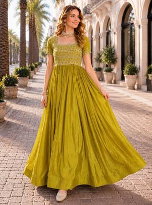 Mustard silk readymade gown with embroidery & beads work 1