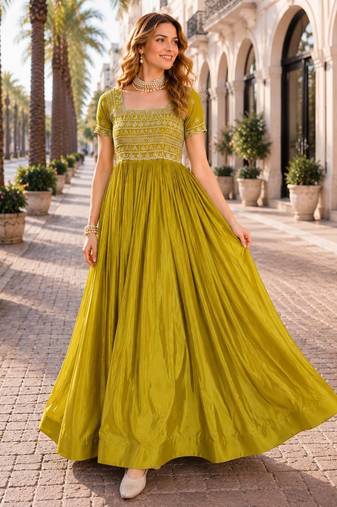 Mustard silk readymade gown with embroidery & beads work
