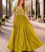 Mustard silk readymade gown with embroidery & beads work