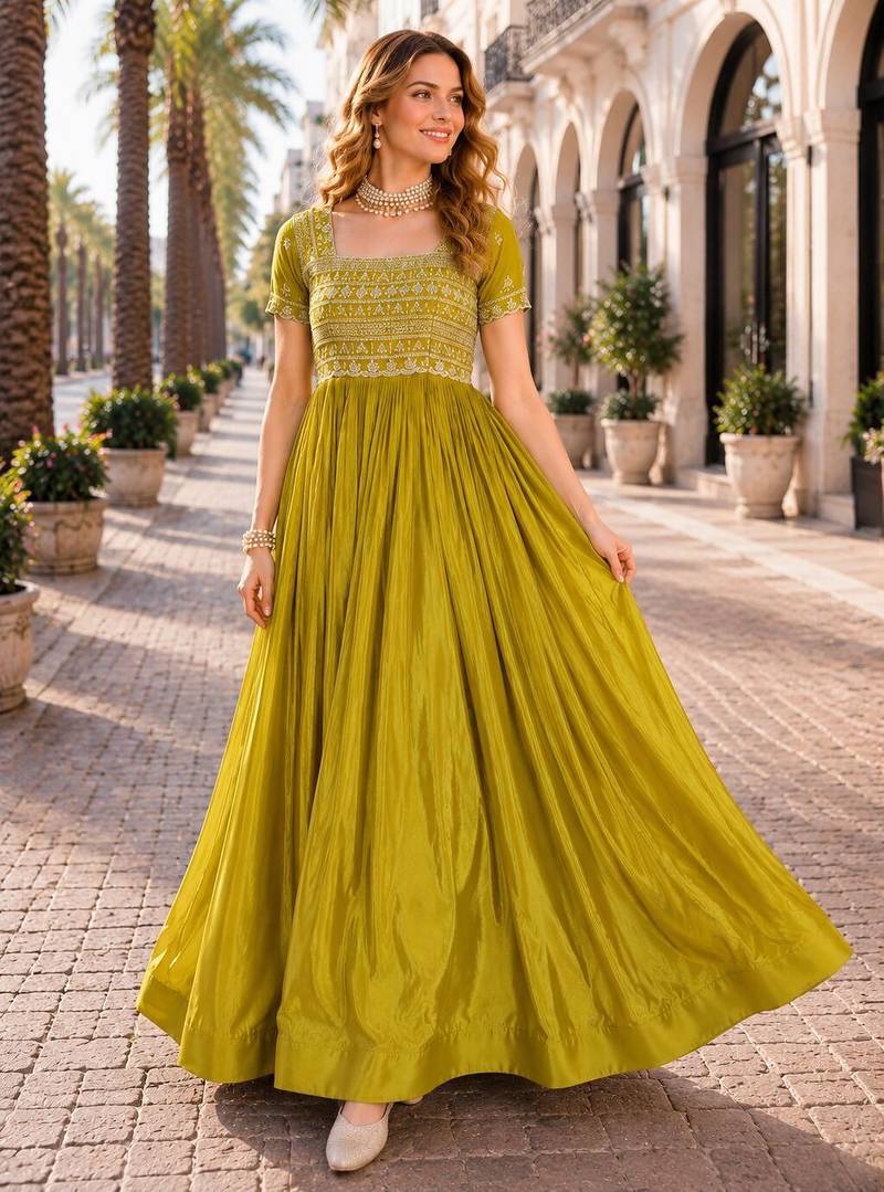 Mustard silk readymade gown with embroidery & beads work