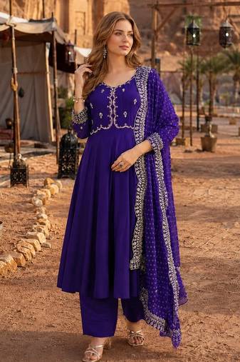 Violet chanderi silk anarkali readymade suit with thread embroidery work