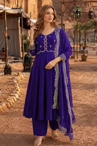 Violet chanderi silk anarkali readymade suit with thread embroidery work