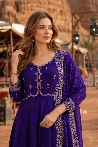 Violet chanderi silk anarkali readymade suit with thread embroidery work