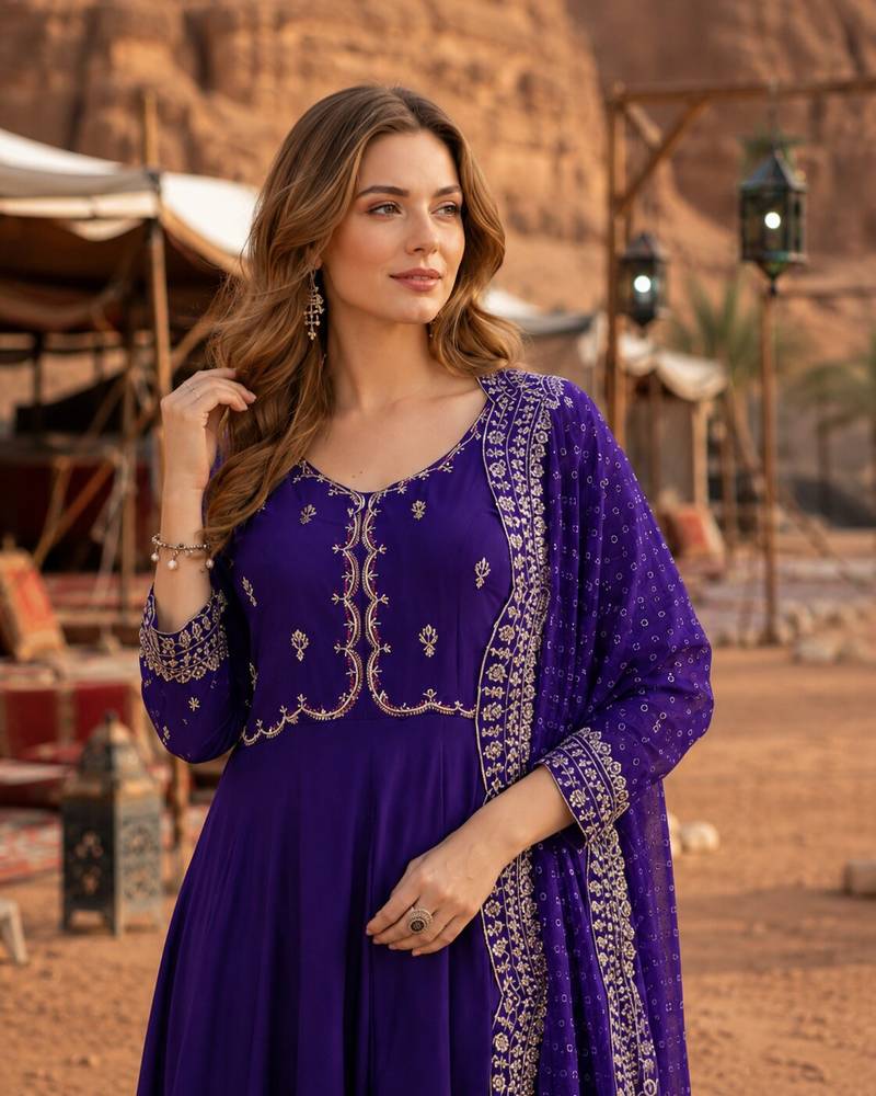 Violet chanderi silk anarkali readymade suit with thread embroidery work