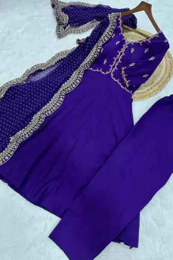 Violet chanderi silk anarkali readymade suit with thread embroidery work