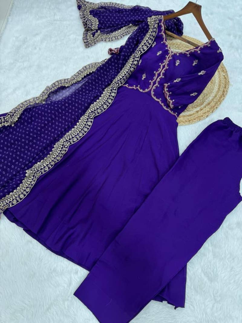 Violet chanderi silk anarkali readymade suit with thread embroidery work