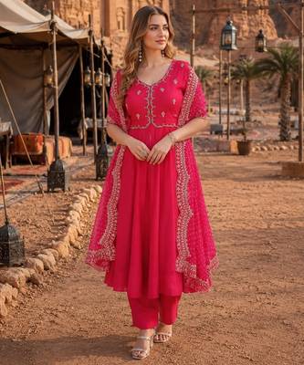 Rani pink chanderi silk anarkali readymade suit with thread embroidery work 1