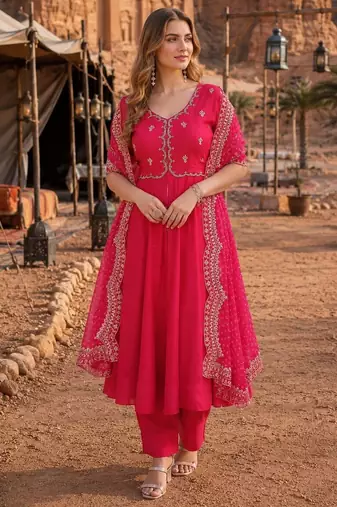 Rani pink chanderi silk anarkali readymade suit with thread embroidery work